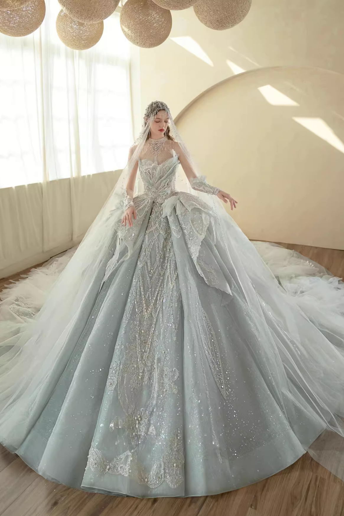 Blue Gray Sequin Ball Gown