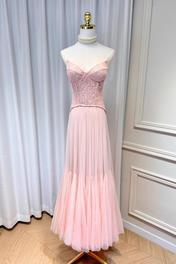 Pink Lace Corset Long Dress