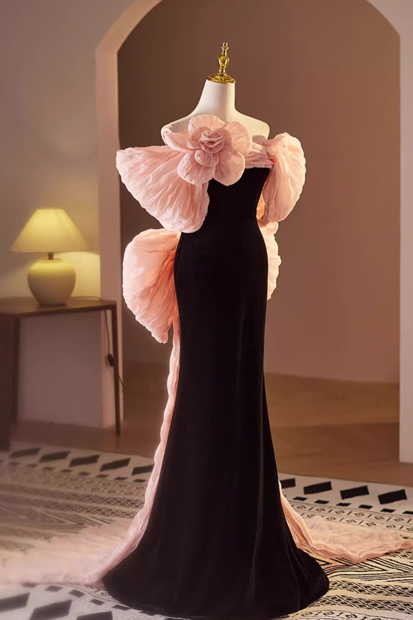 Pink Ribbon Off Shoulder Black Long Gown