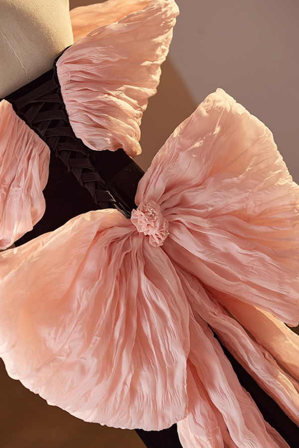 Pink Ribbon Off Shoulder Black Long Gown