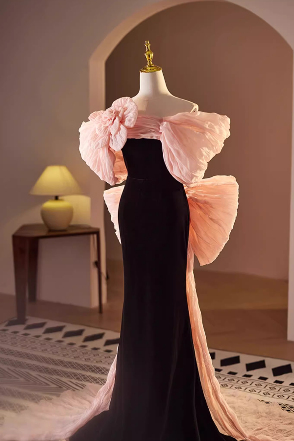 Pink Ribbon Off Shoulder Black Long Gown