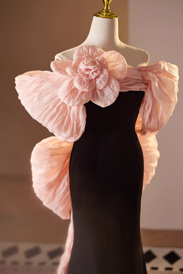 Pink Ribbon Off Shoulder Black Long Gown