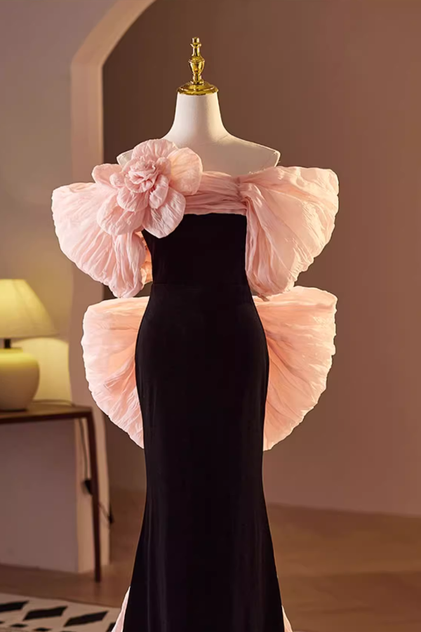 Pink Ribbon Off Shoulder Black Long Gown