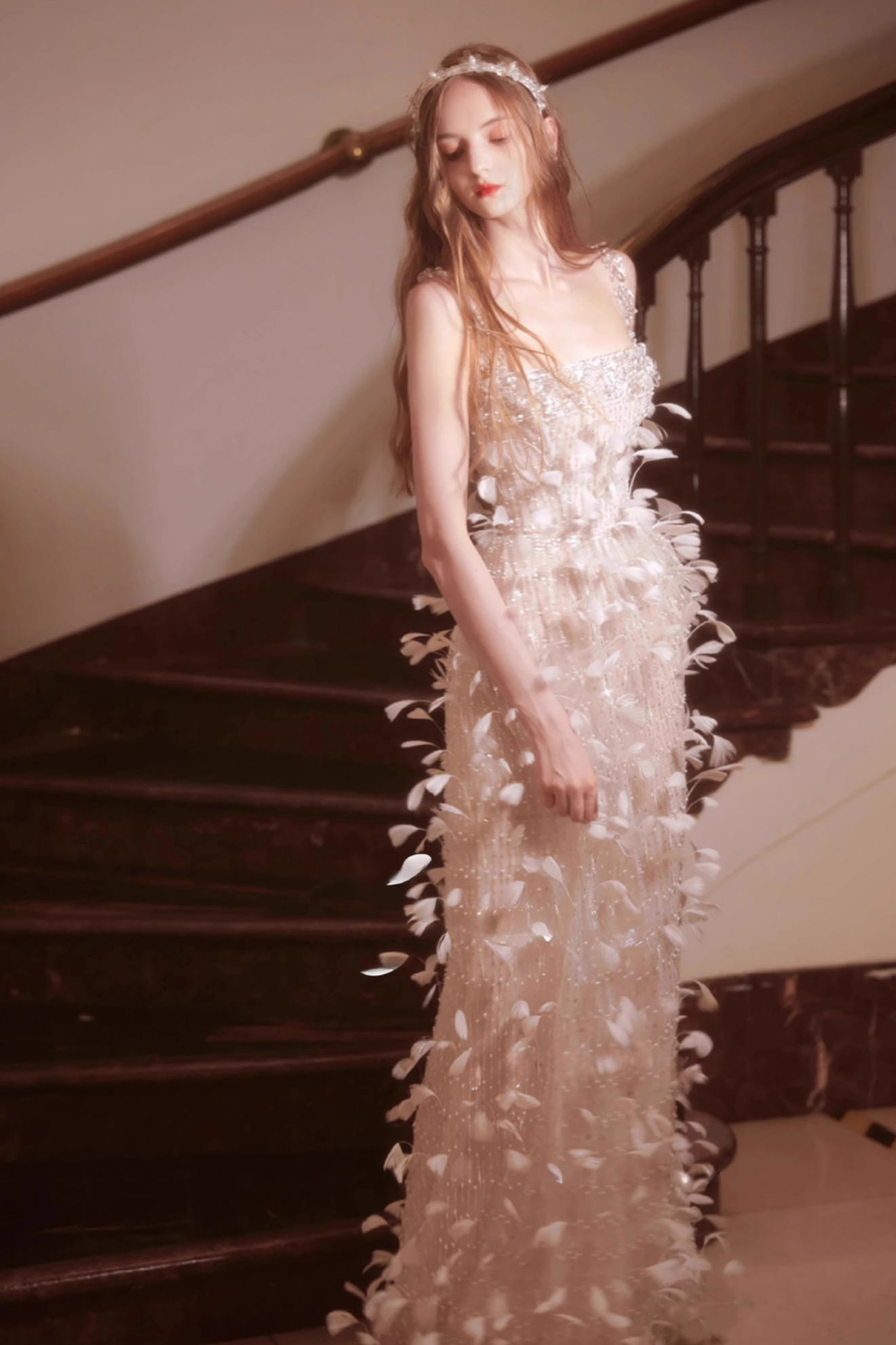 White Long Gown with Feathers