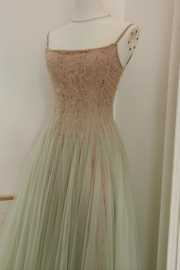 Brown Lace Green Tulle Long Dress