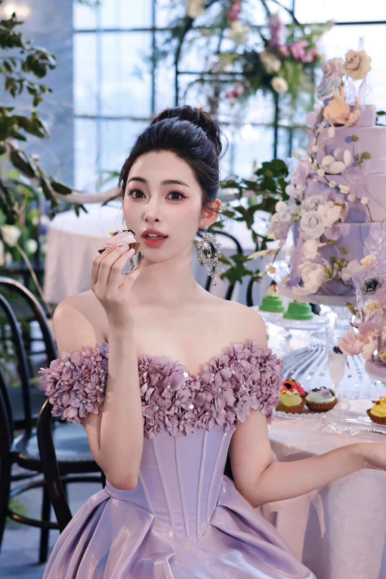 Purple Flower Off Shoulder Long Gown