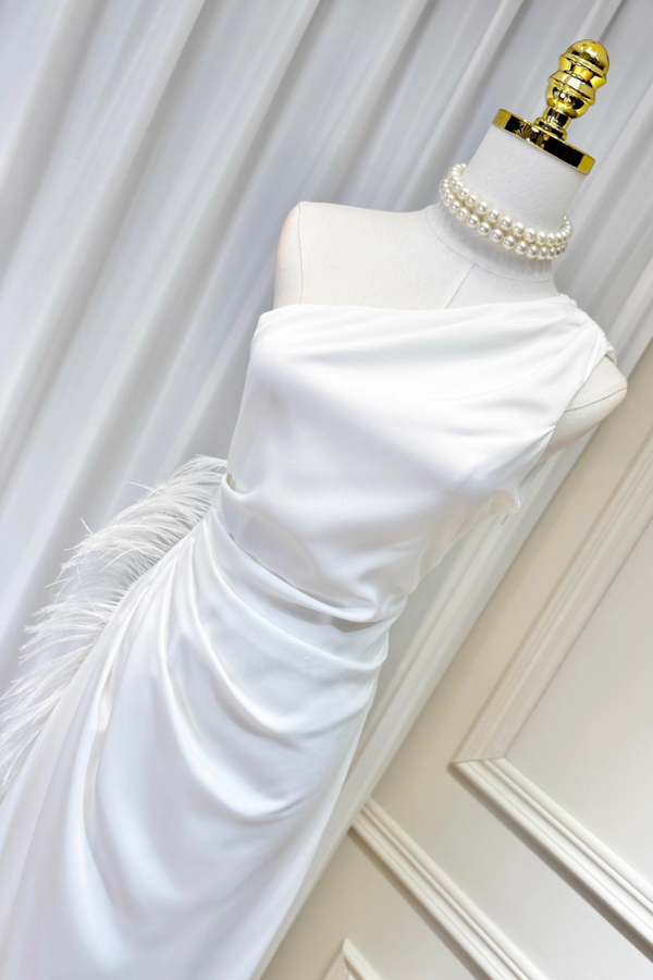 White Ostrich Feathers Slit Dress