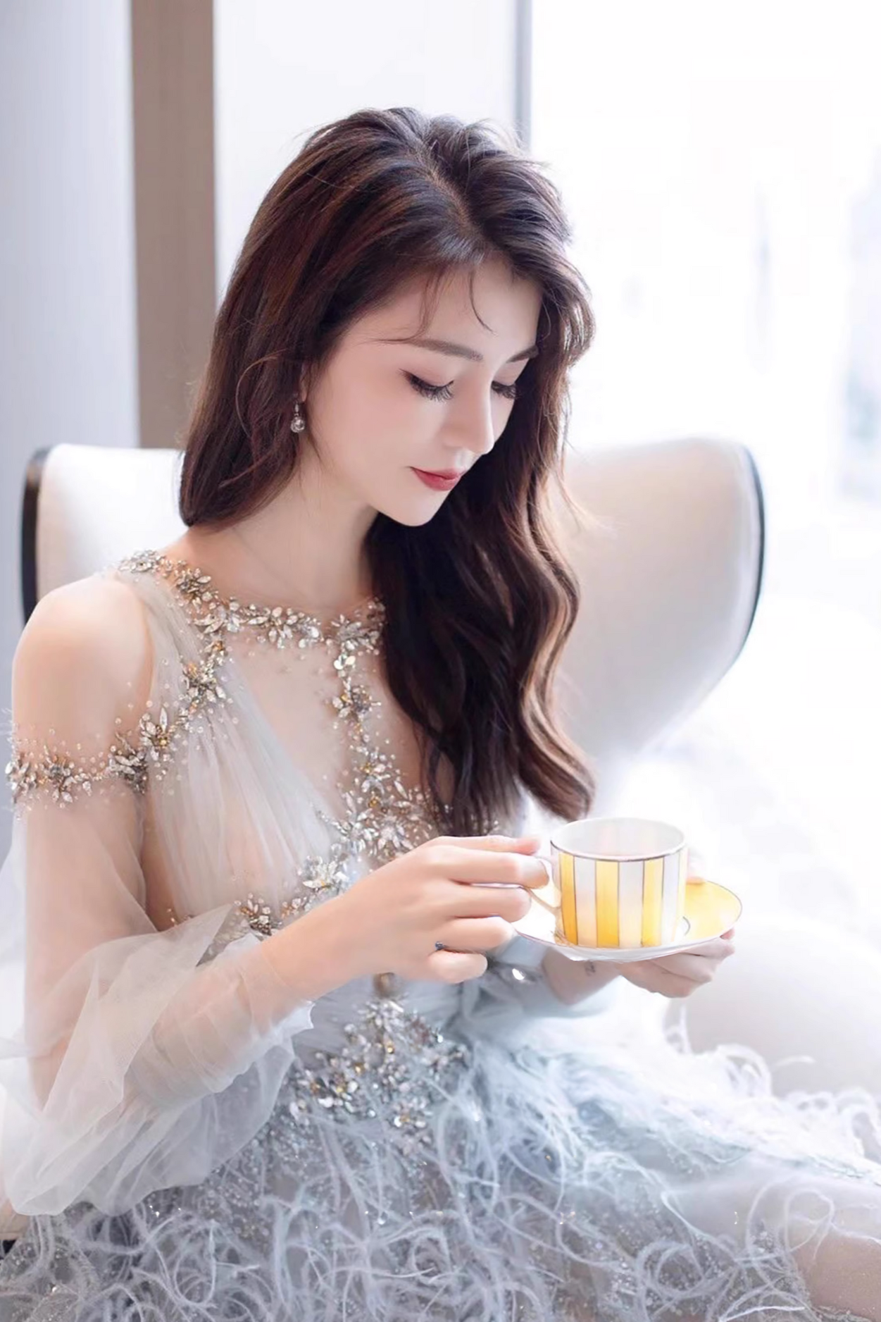 Blue Long Sleeve Ostrich Feathers Long Gown