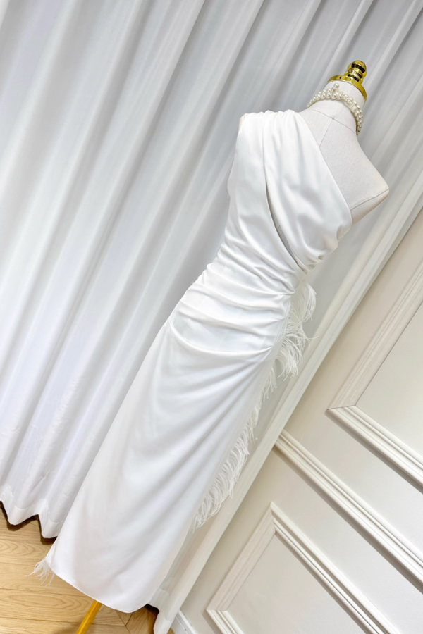 White Ostrich Feathers Slit Dress