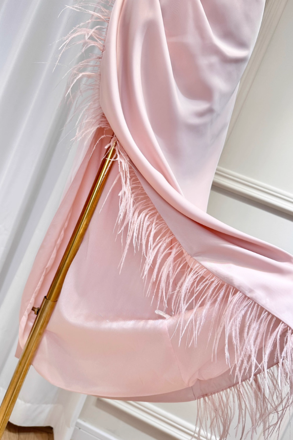 Pink Ostrich Feathers Slit Dress