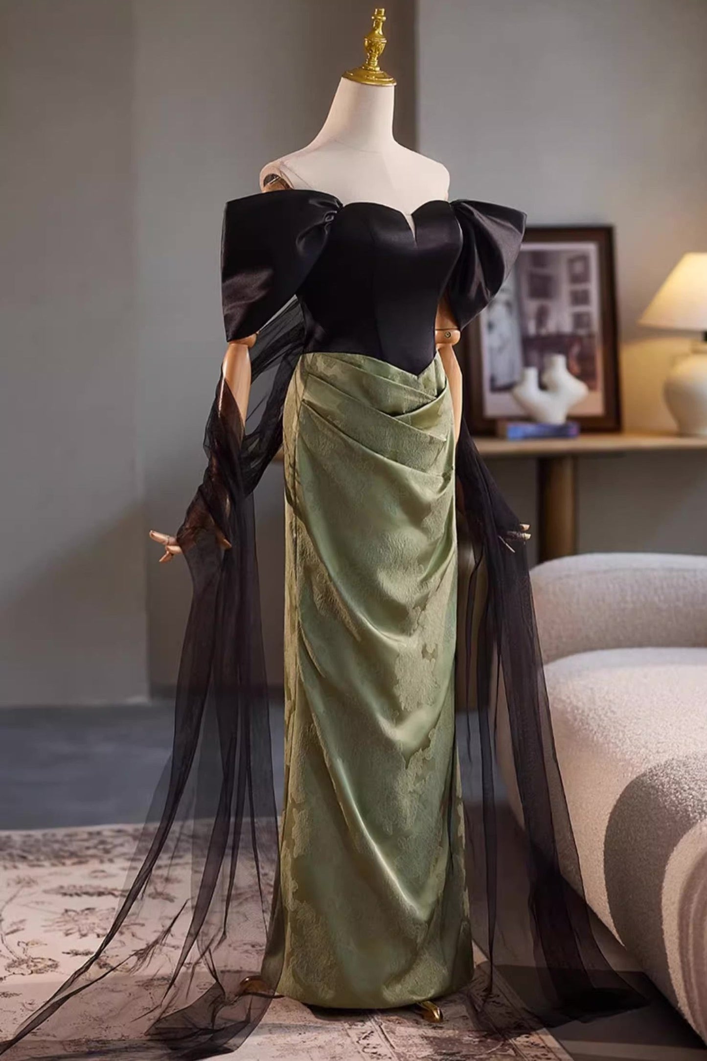 Black Green Off Shoulder Gown