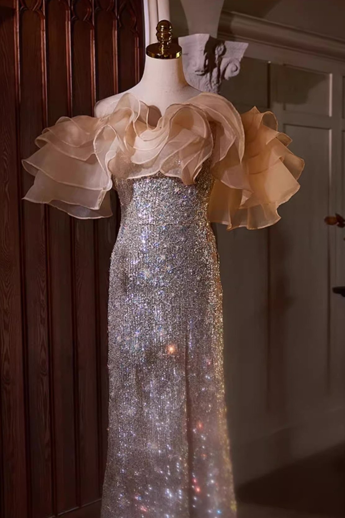 Brown Sequin Off Shoulder Gown