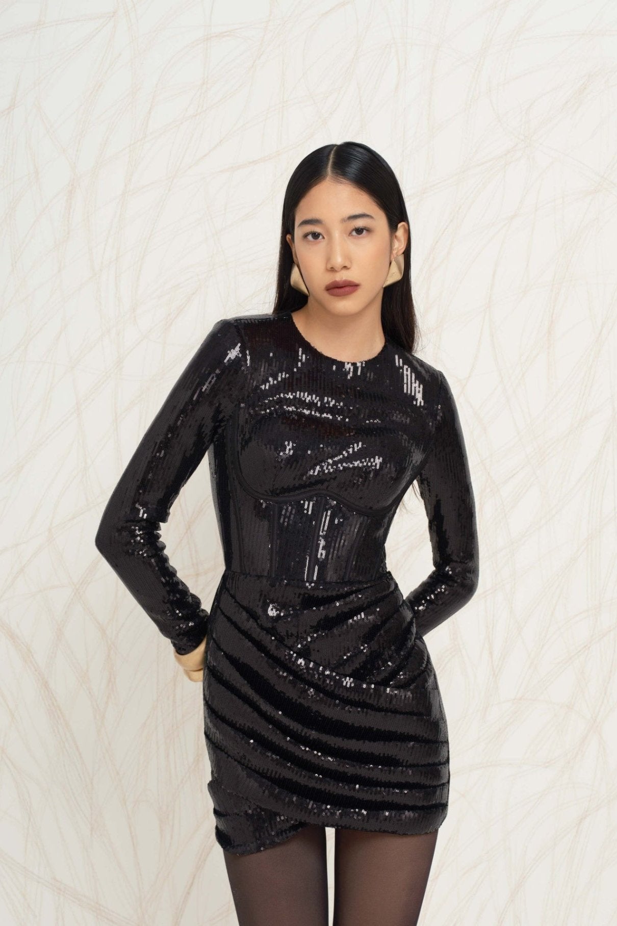 black sequin dress in store Velvi - Emma Mini Dress - Sequin Ruched Homecoming Dress - Black