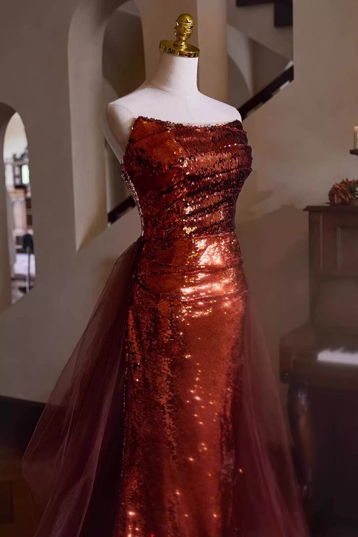 Red Brown Sequin Gown
