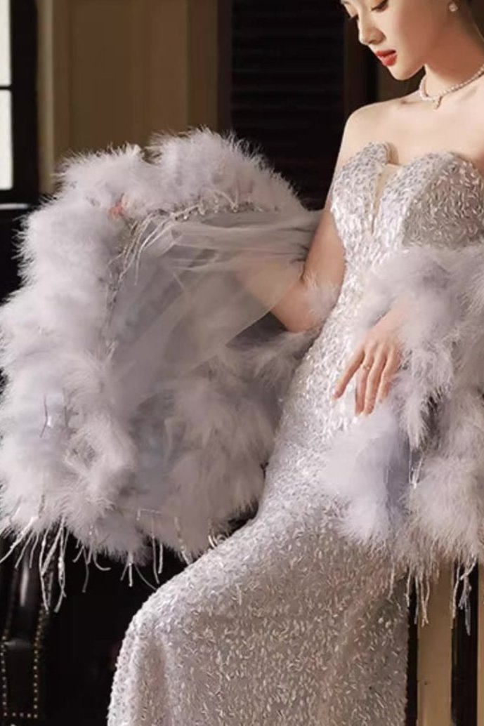 Silver Sequined Gown with Blue Fur Shawl