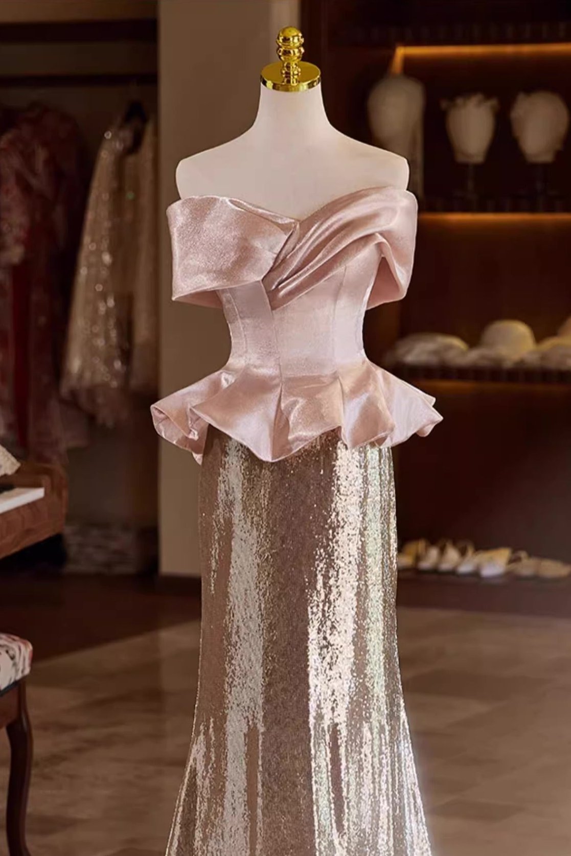 Cream Sequin Off Shoulder Gown