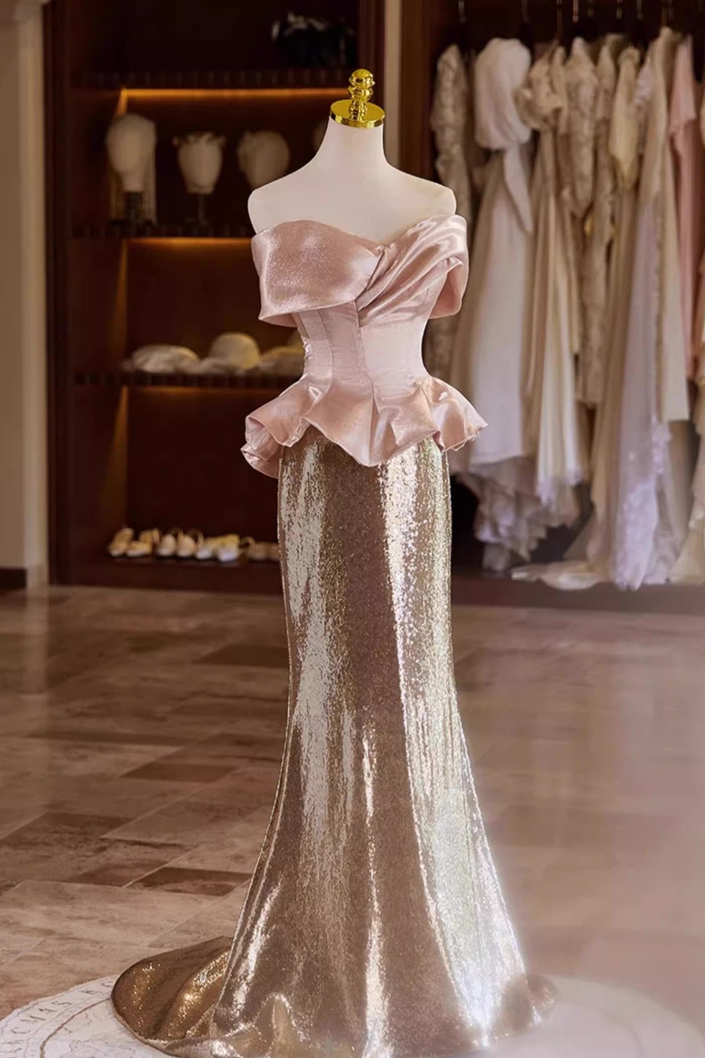 Cream Sequin Off Shoulder Gown