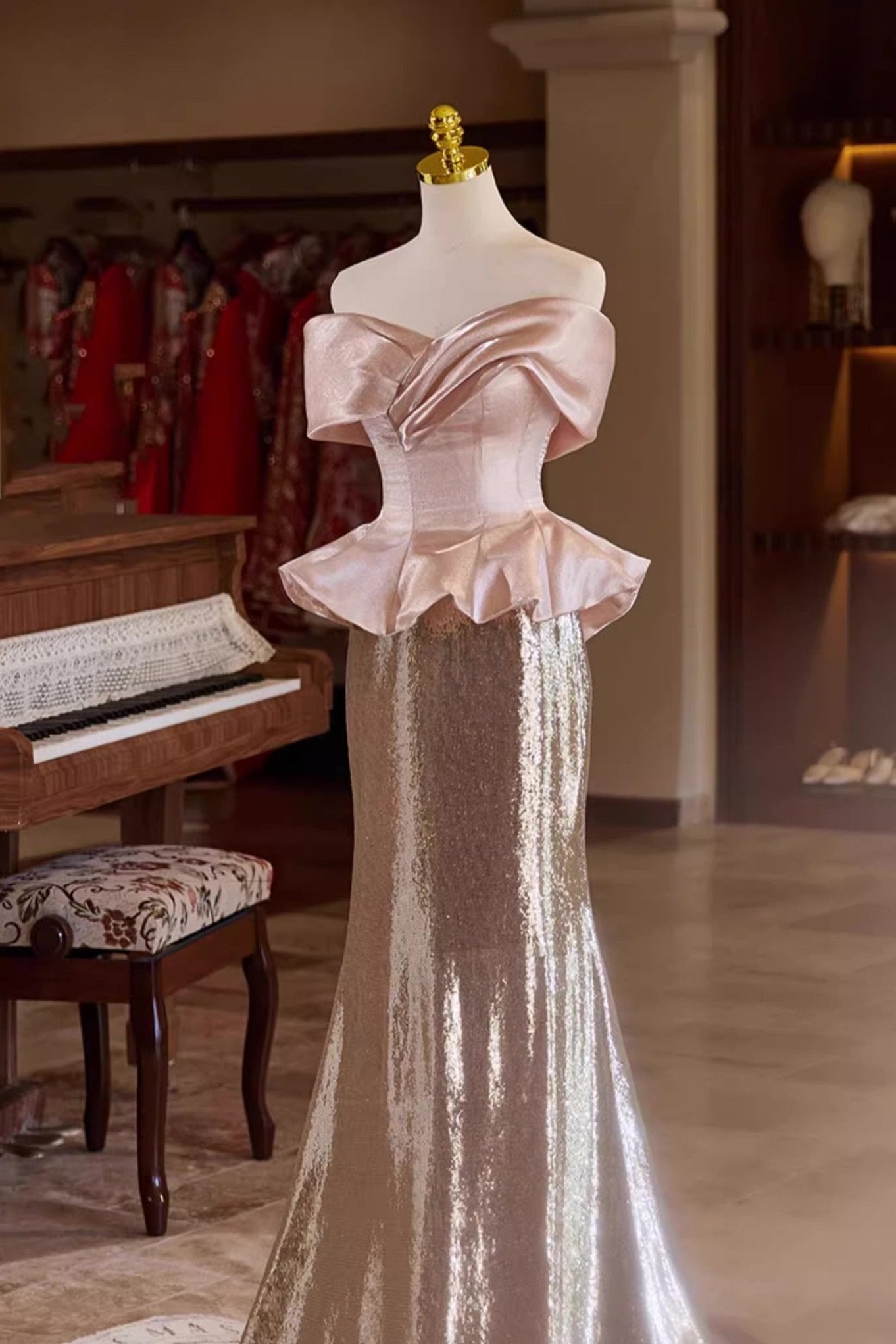 Cream Sequin Off Shoulder Gown