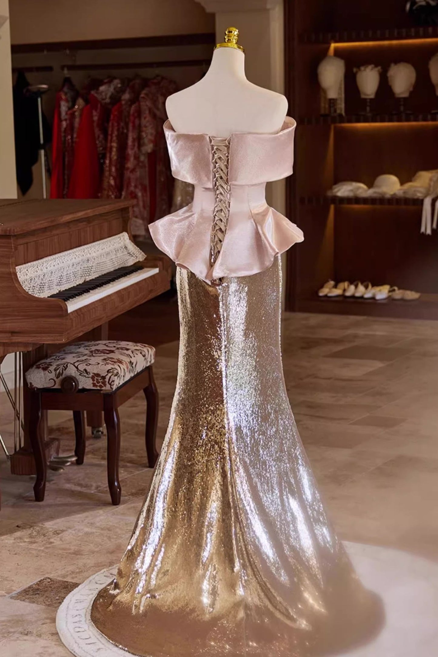 Cream Sequin Off Shoulder Gown