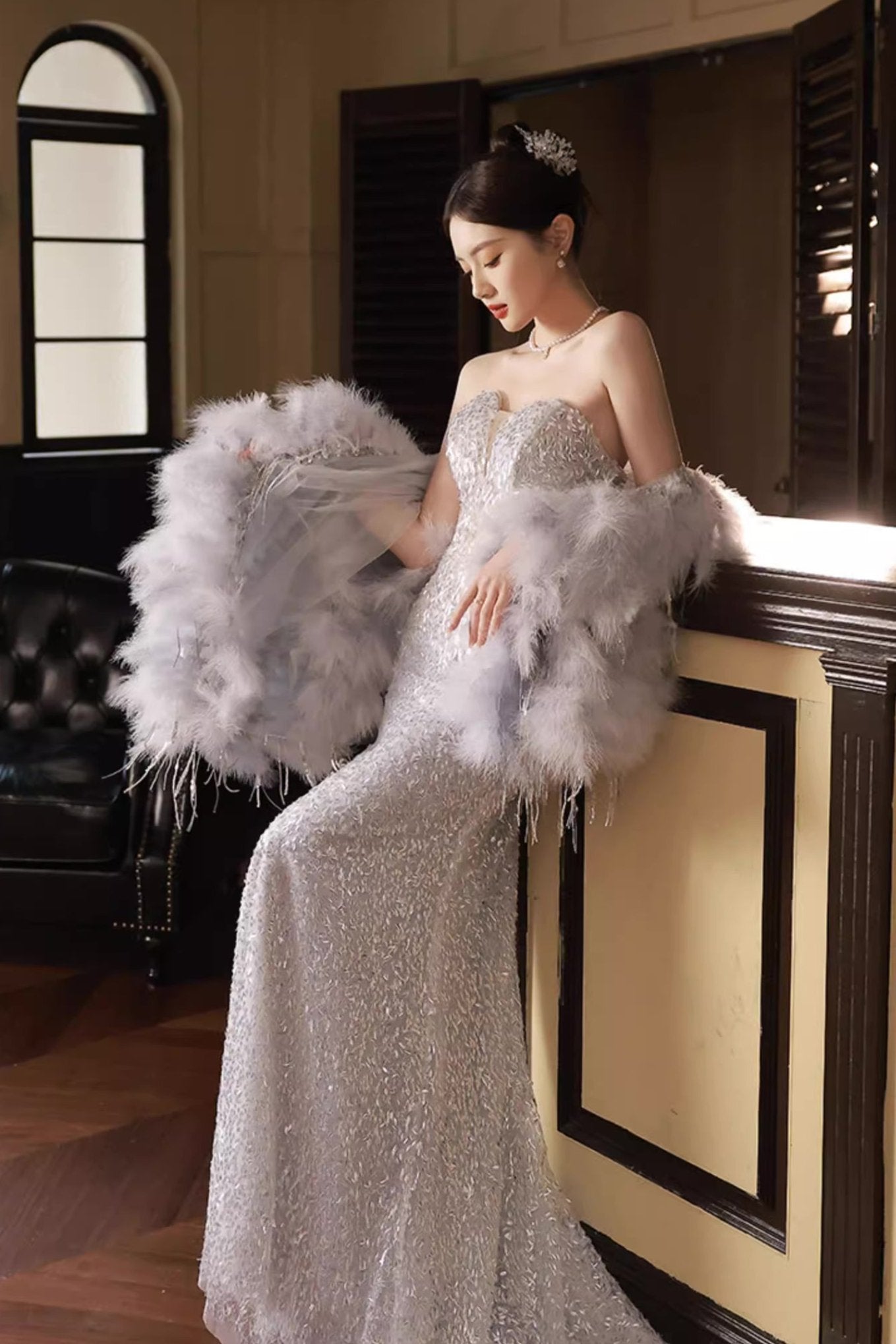 Sequin Long Gown with Blue Shawl