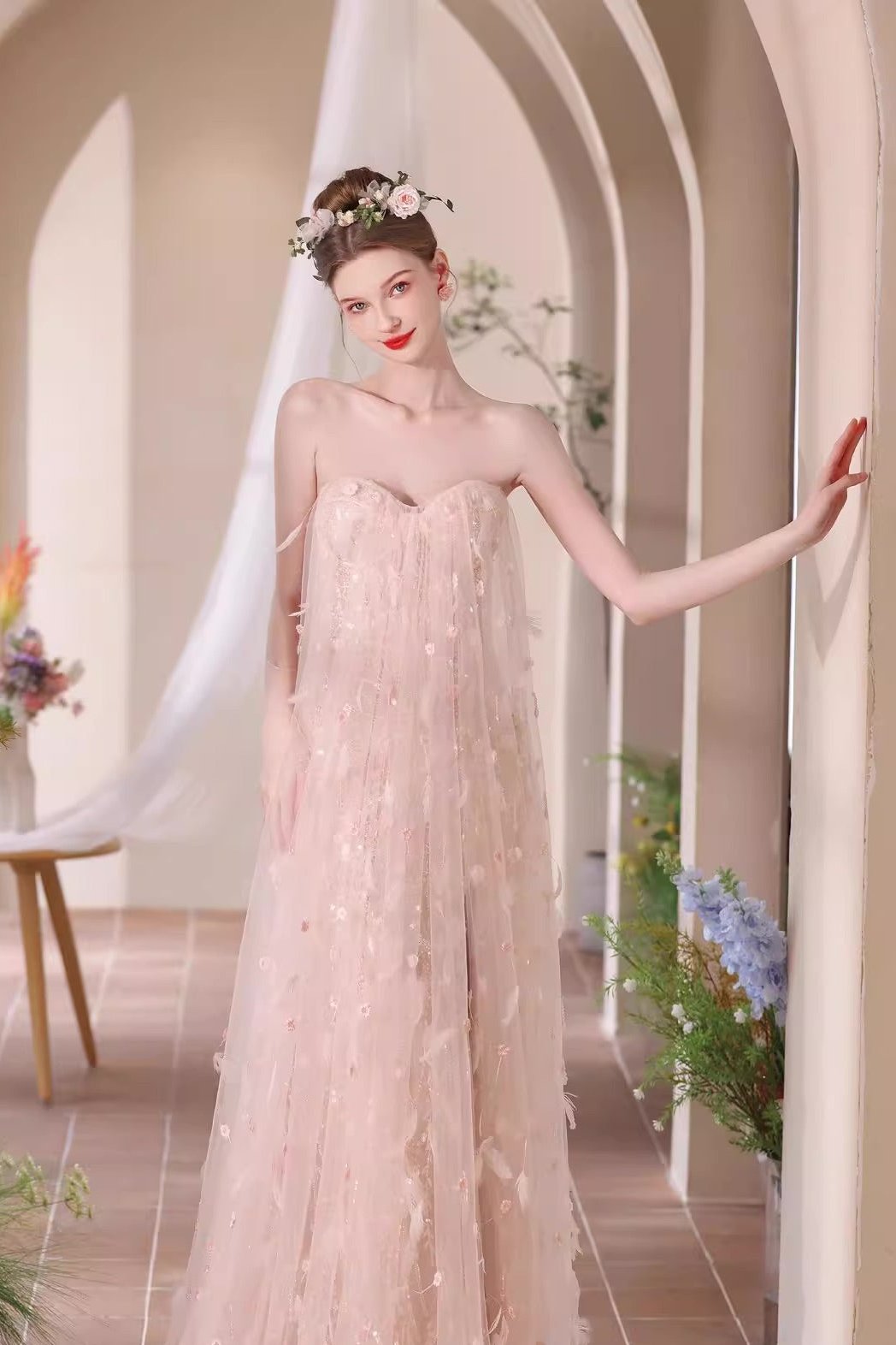 Cream Sequin Tube Long Gown