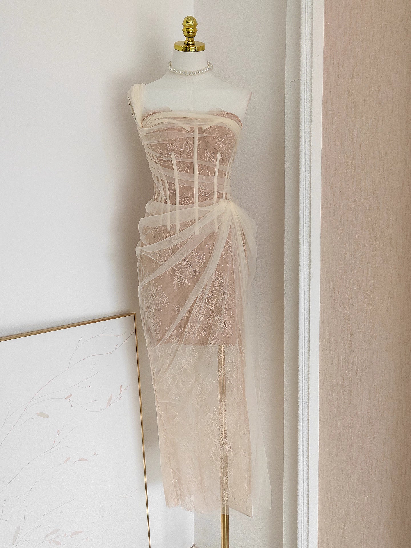 Beige Lace Long Dress