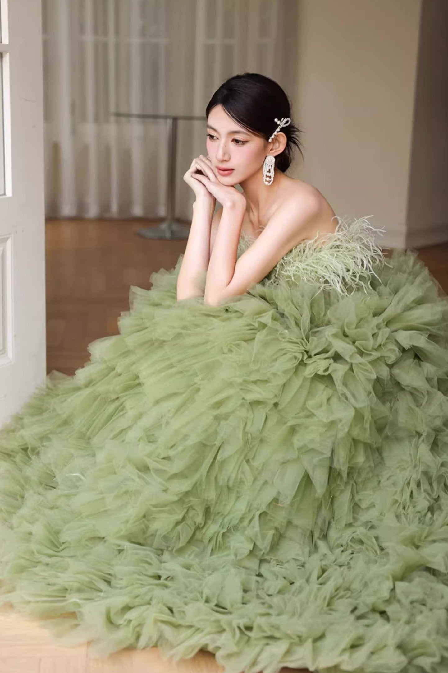 Green Fur Tulle Ball Gown