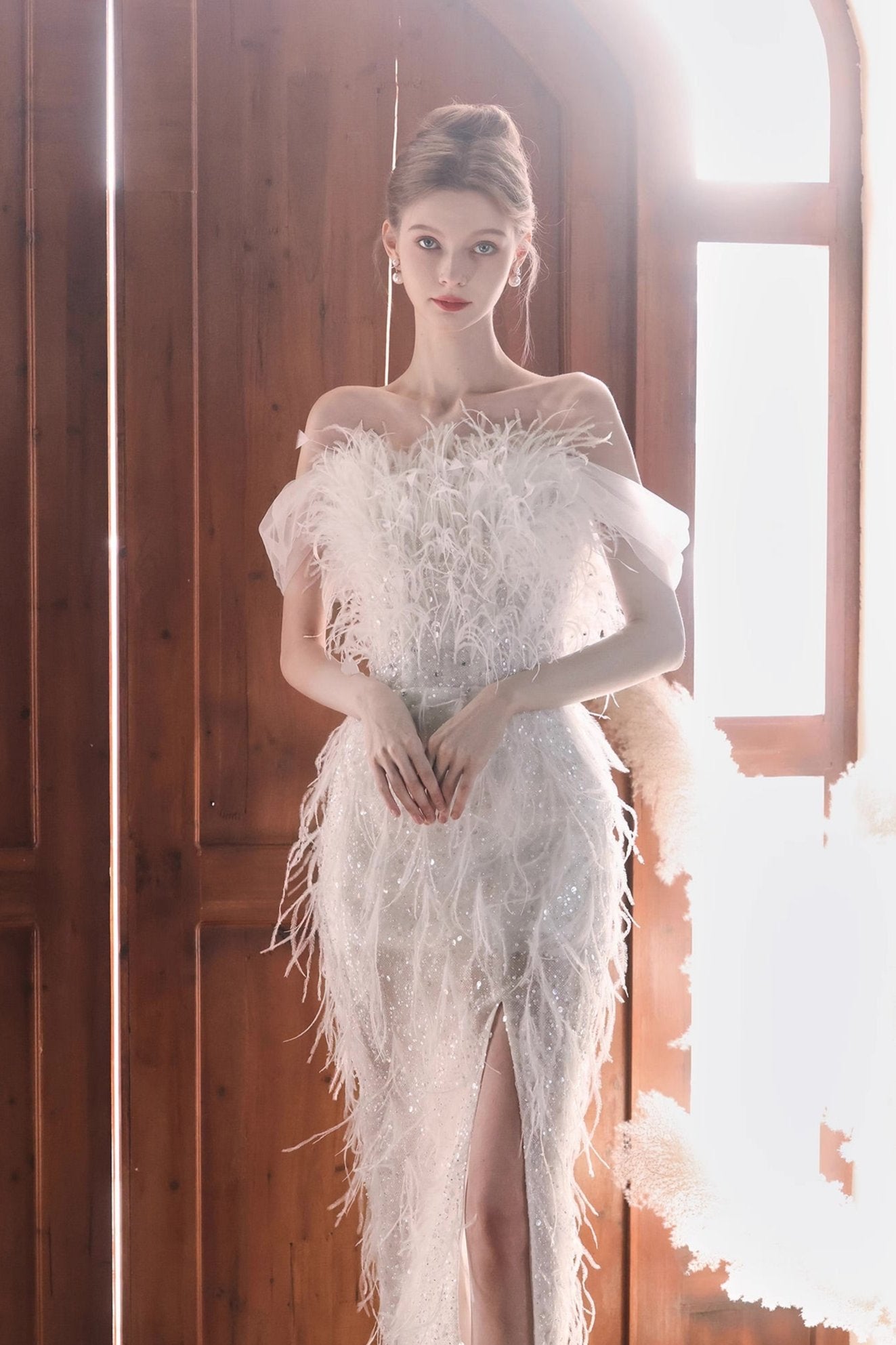 White Sequin Fur Long Gown