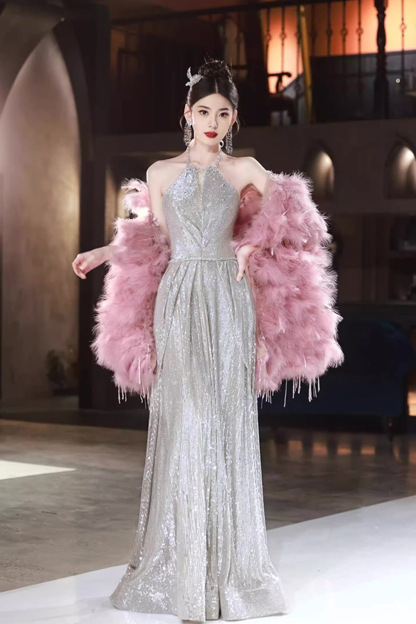 Sequin Long Gown with Pink Shawl
