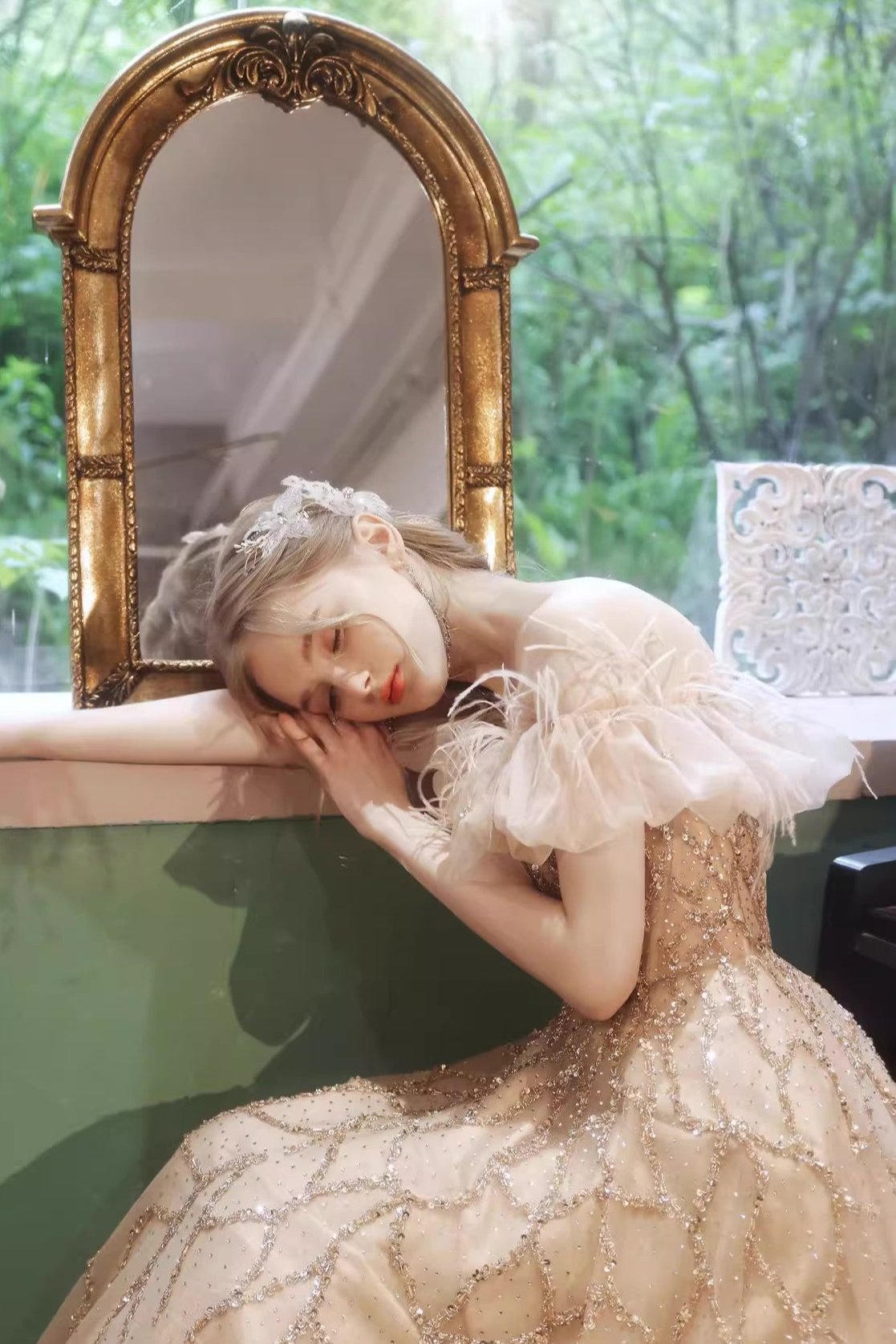 Brown Sequin Fur Long Gown