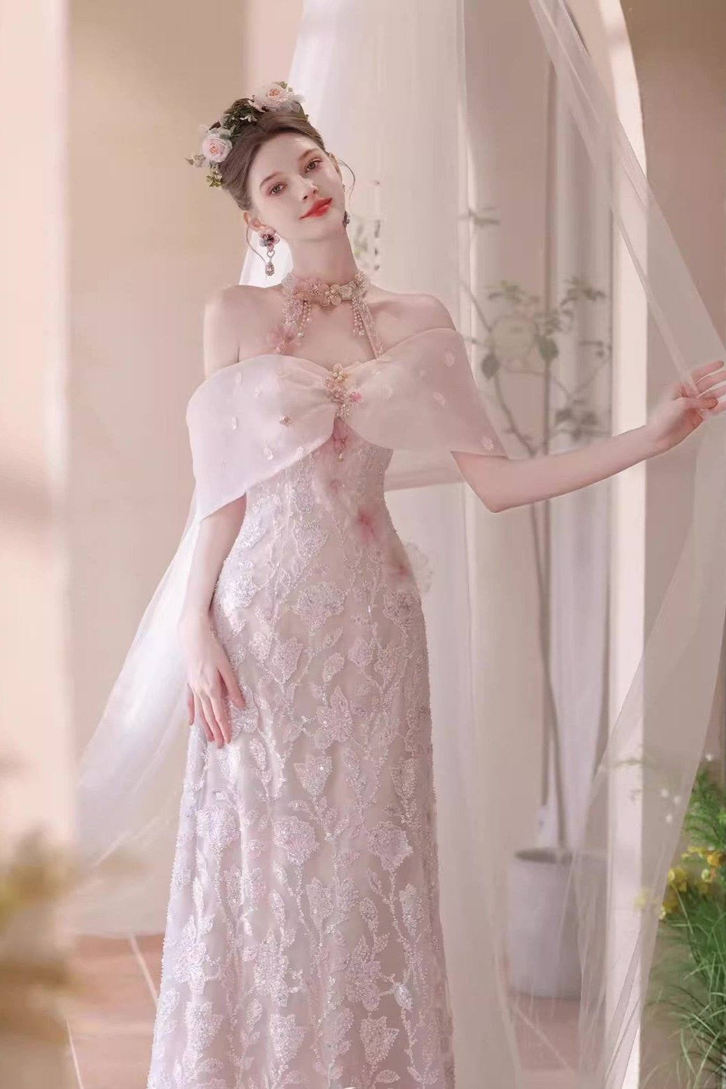 Flower Off Shoulder Long Gown