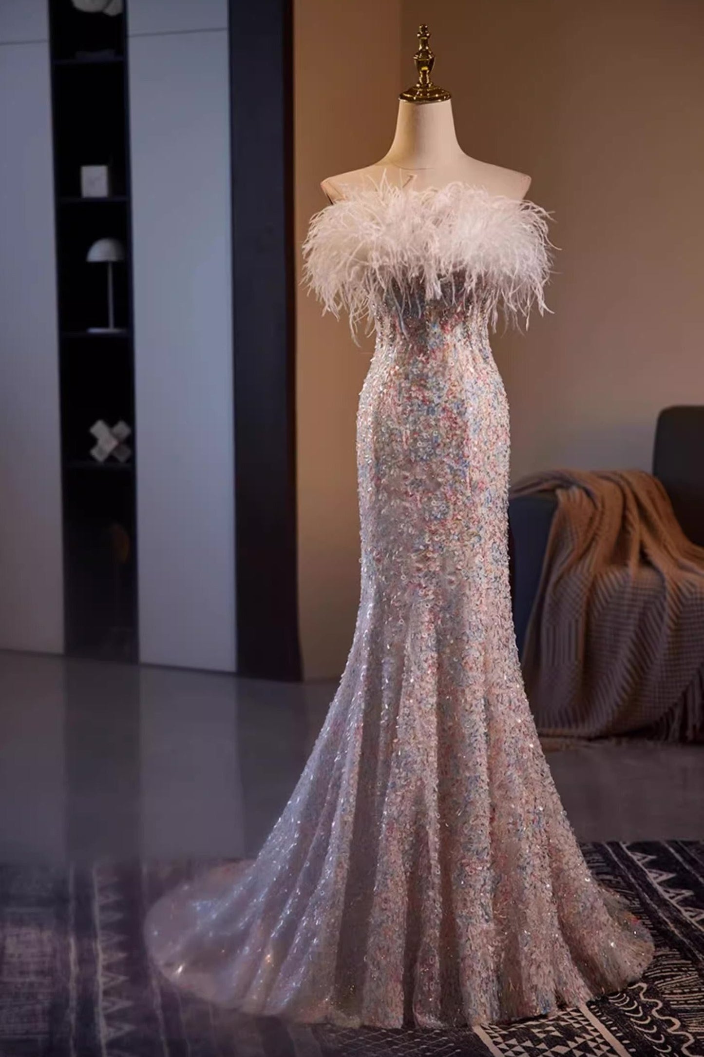 White Fur Sequin Long Gown