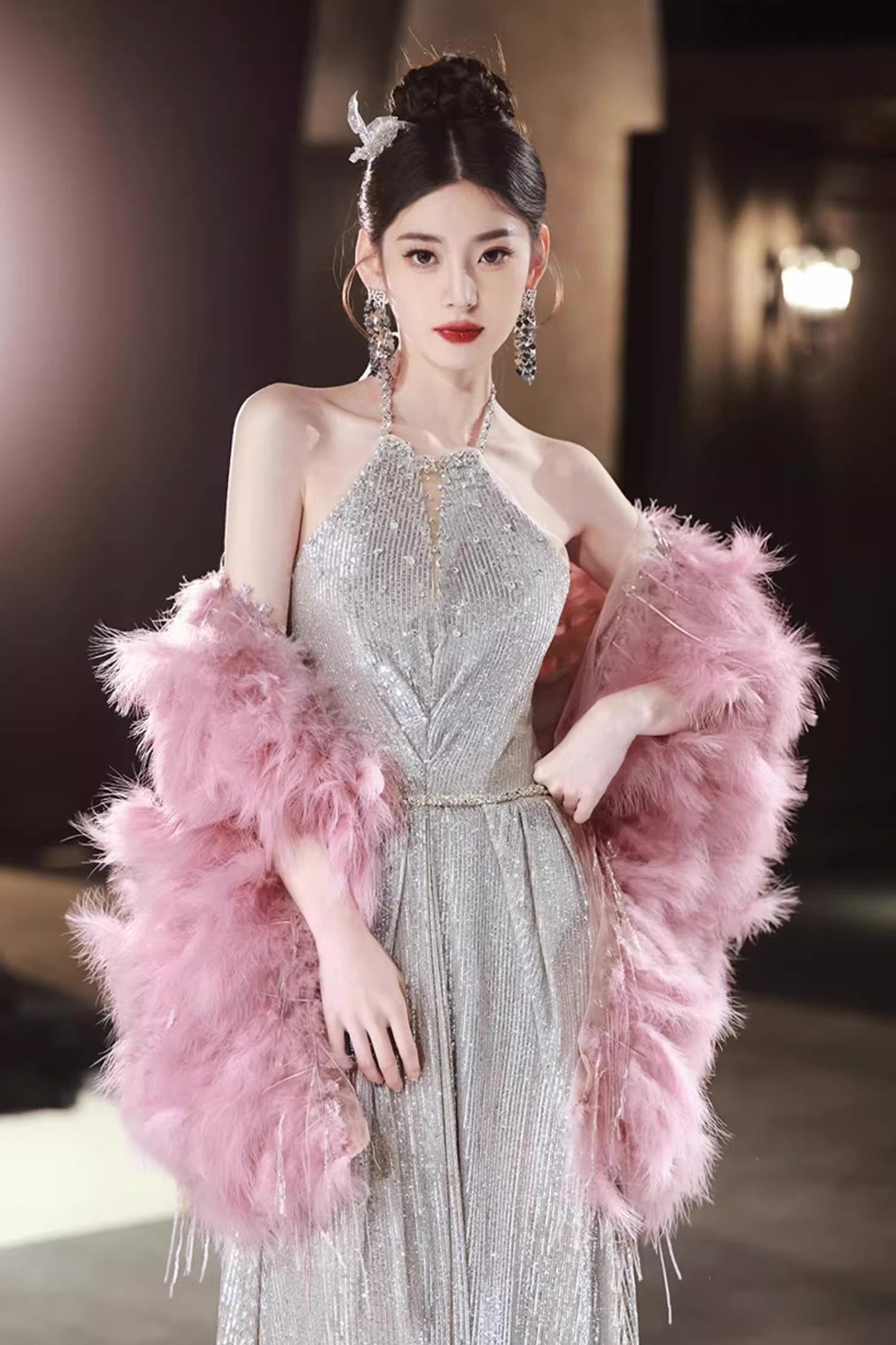 Sequin Long Gown with Pink Shawl