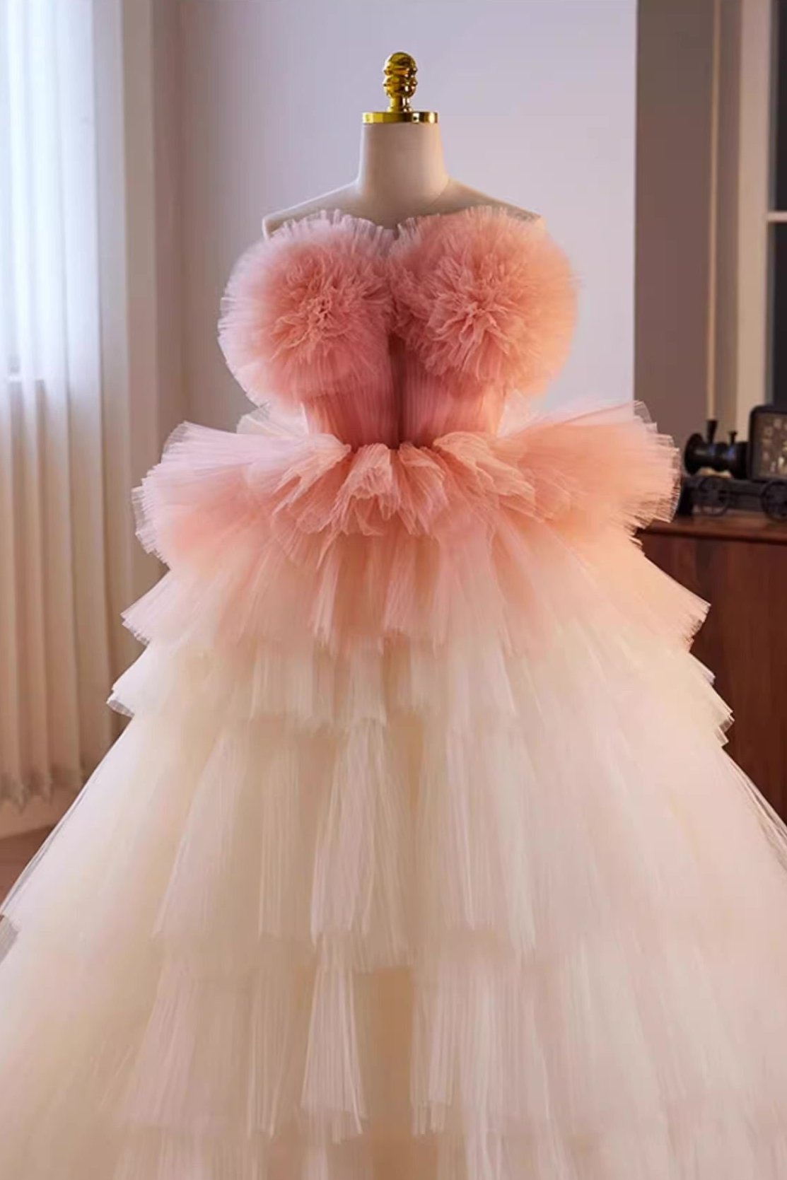 White Peach Tulle Ball Gown