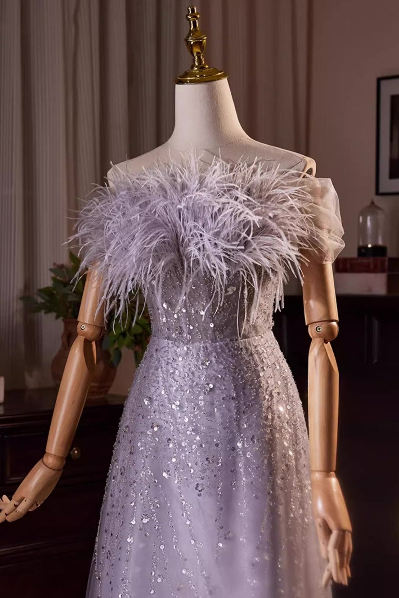 Purple Fur Sequin Long Gown