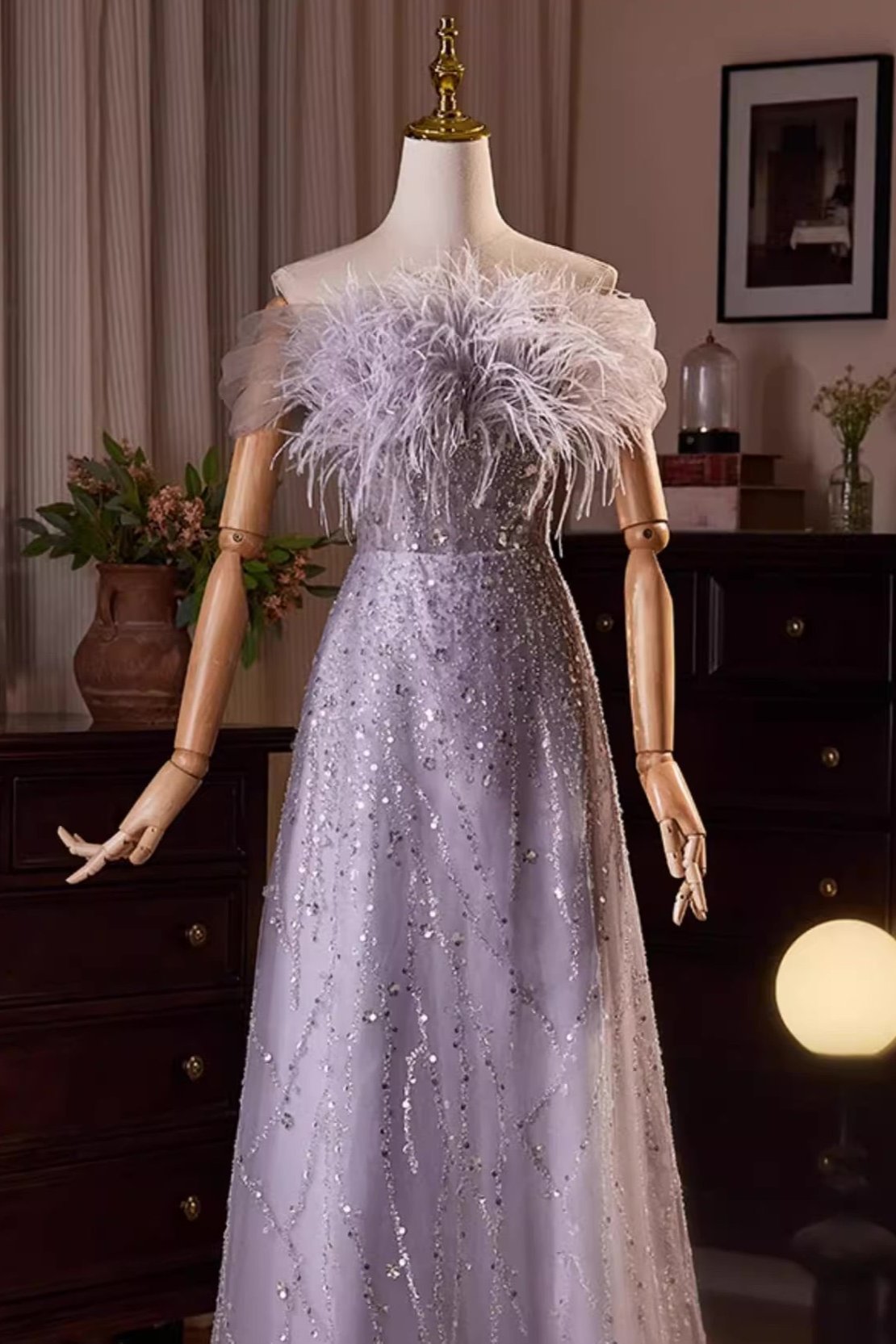 Purple Fur Sequin Long Gown