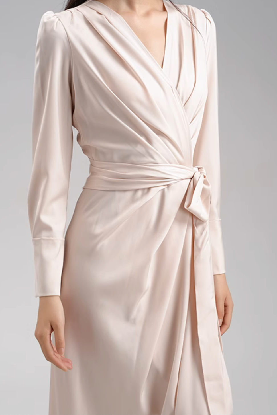 Long Sleeve Cream Silk Long Dress