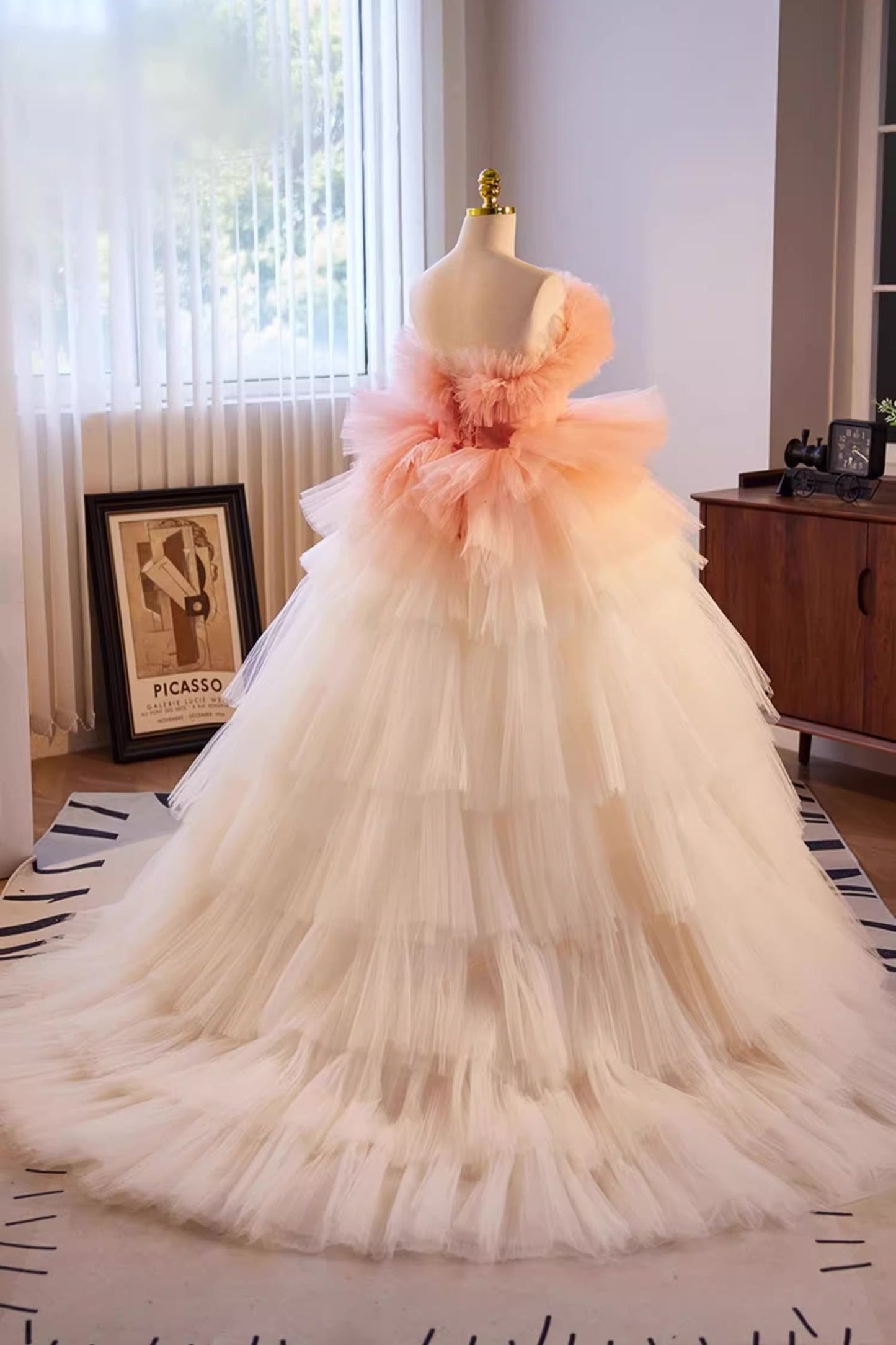 White Peach Tulle Ball Gown