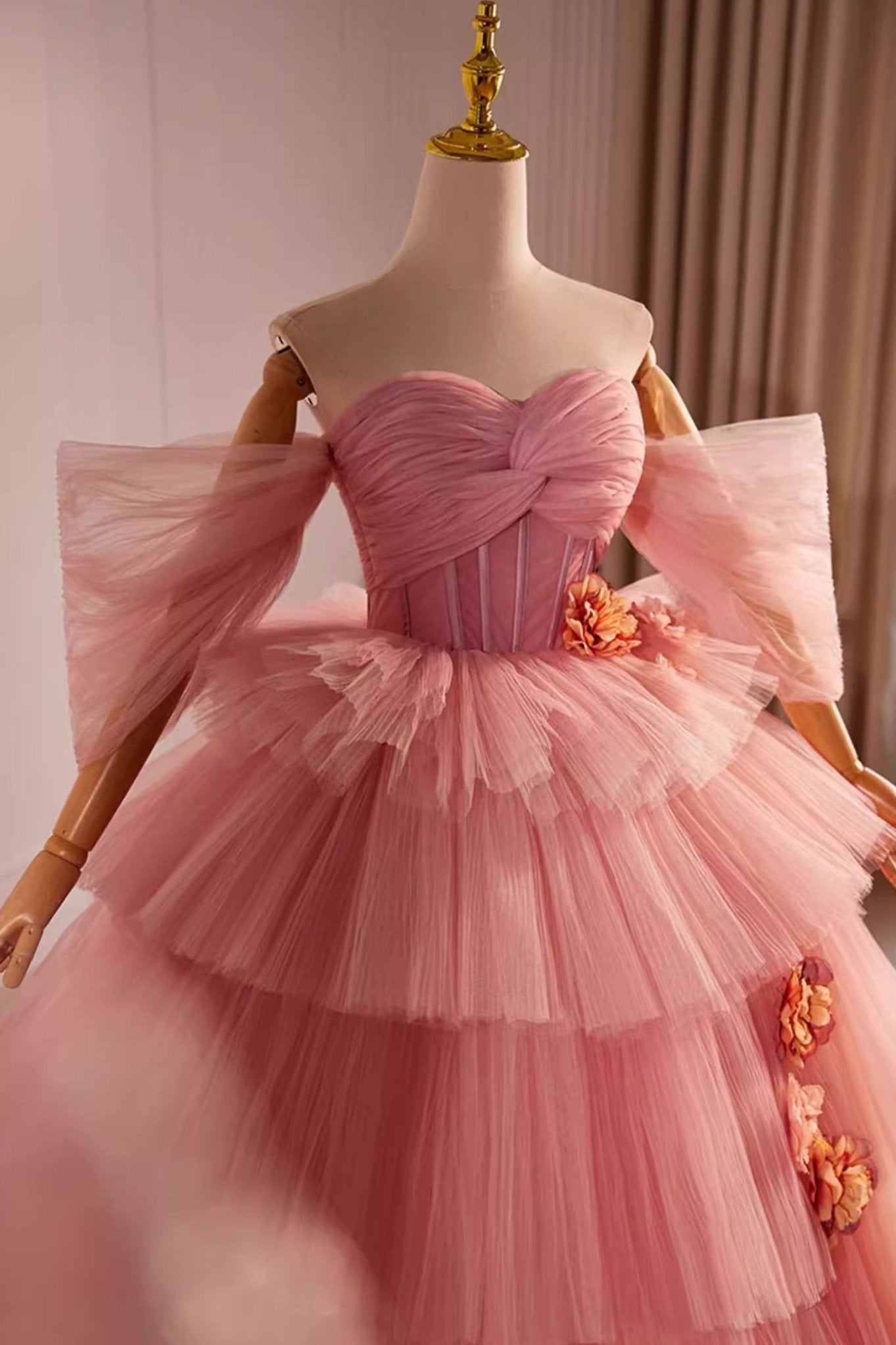 Peach Off Shoulder Tulle Ball Gown