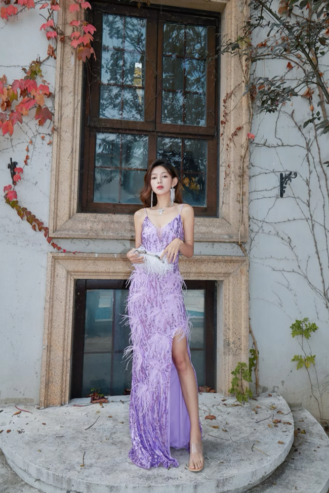Dolly Purple Fur Long Dress