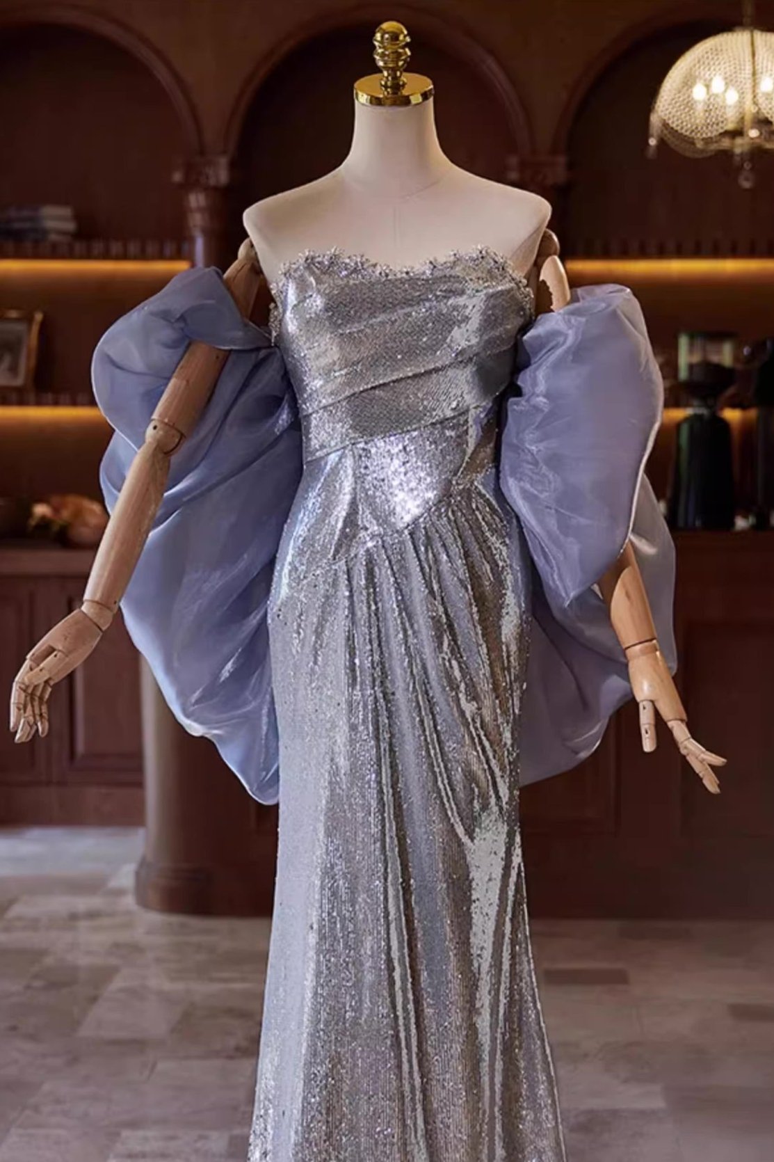 Silver Sequin Gown with Purple Shawl