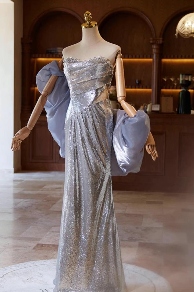 Silver Sequin Gown with Purple Shawl