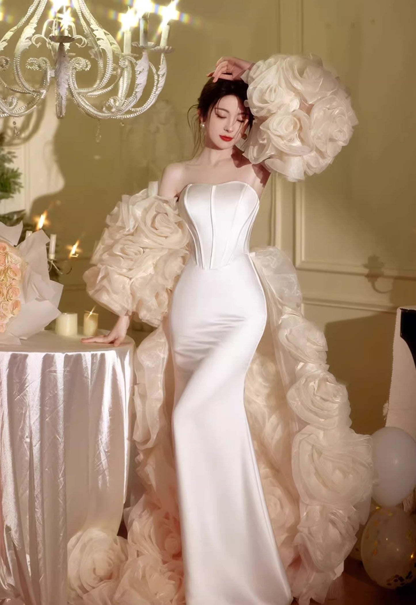 White Long Gown with Flower Cape