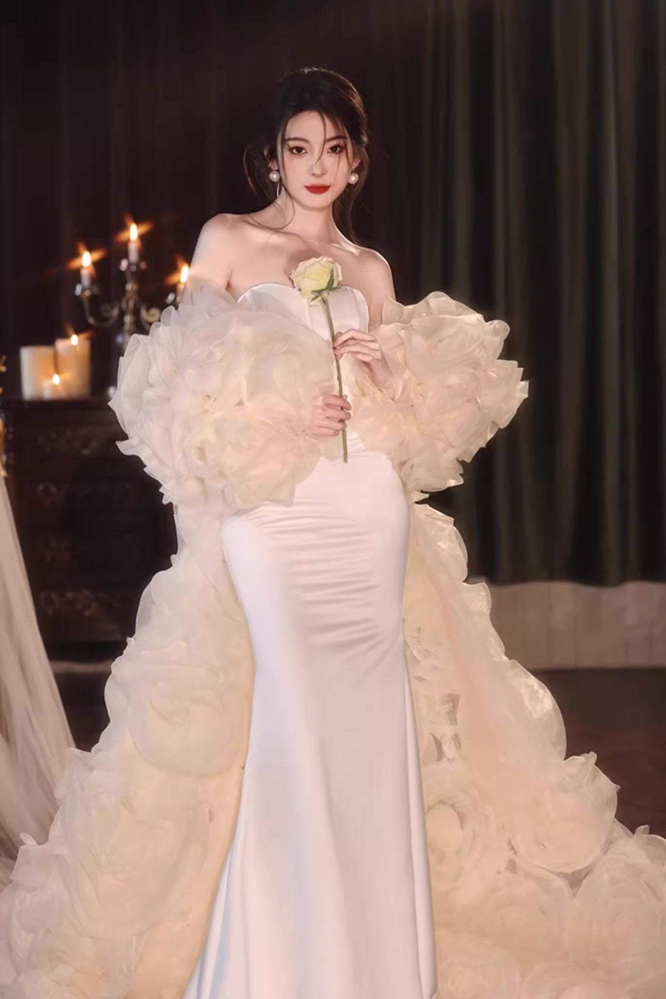 White Long Gown with Flower Cape