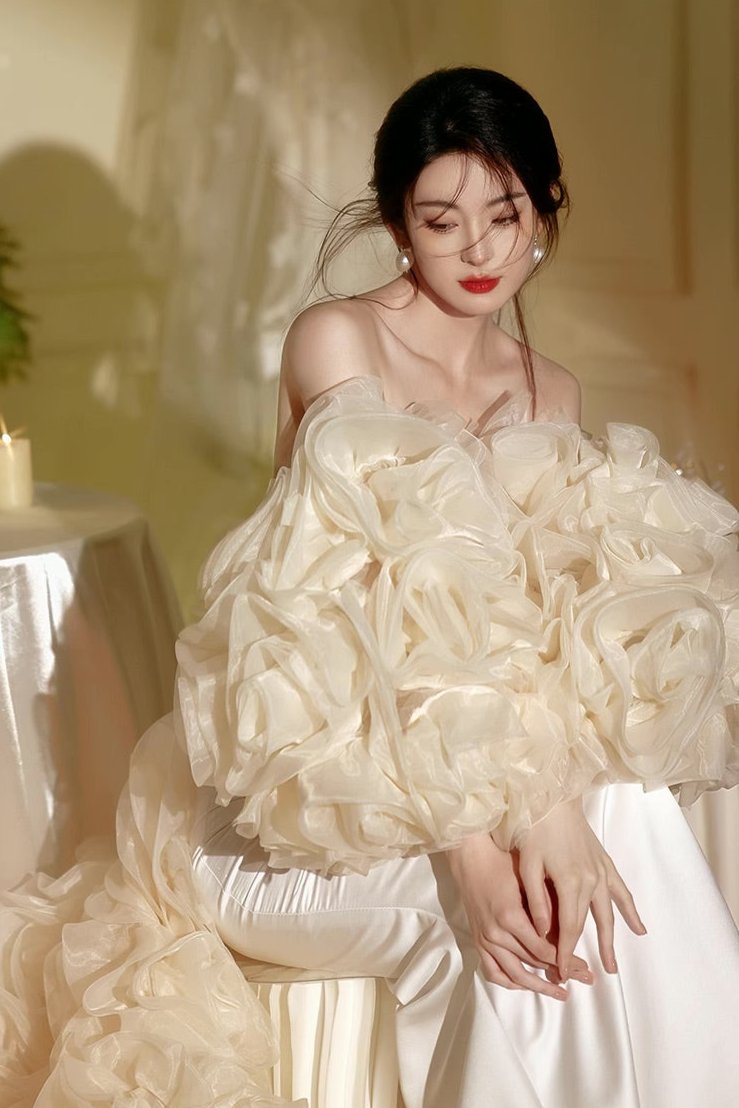 White Long Gown with Flower Cape