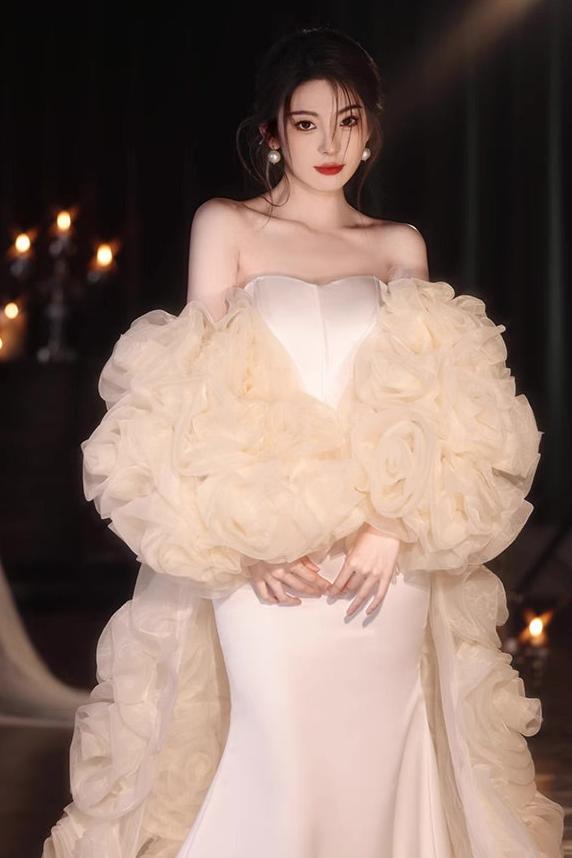 White Long Gown with Flower Cape
