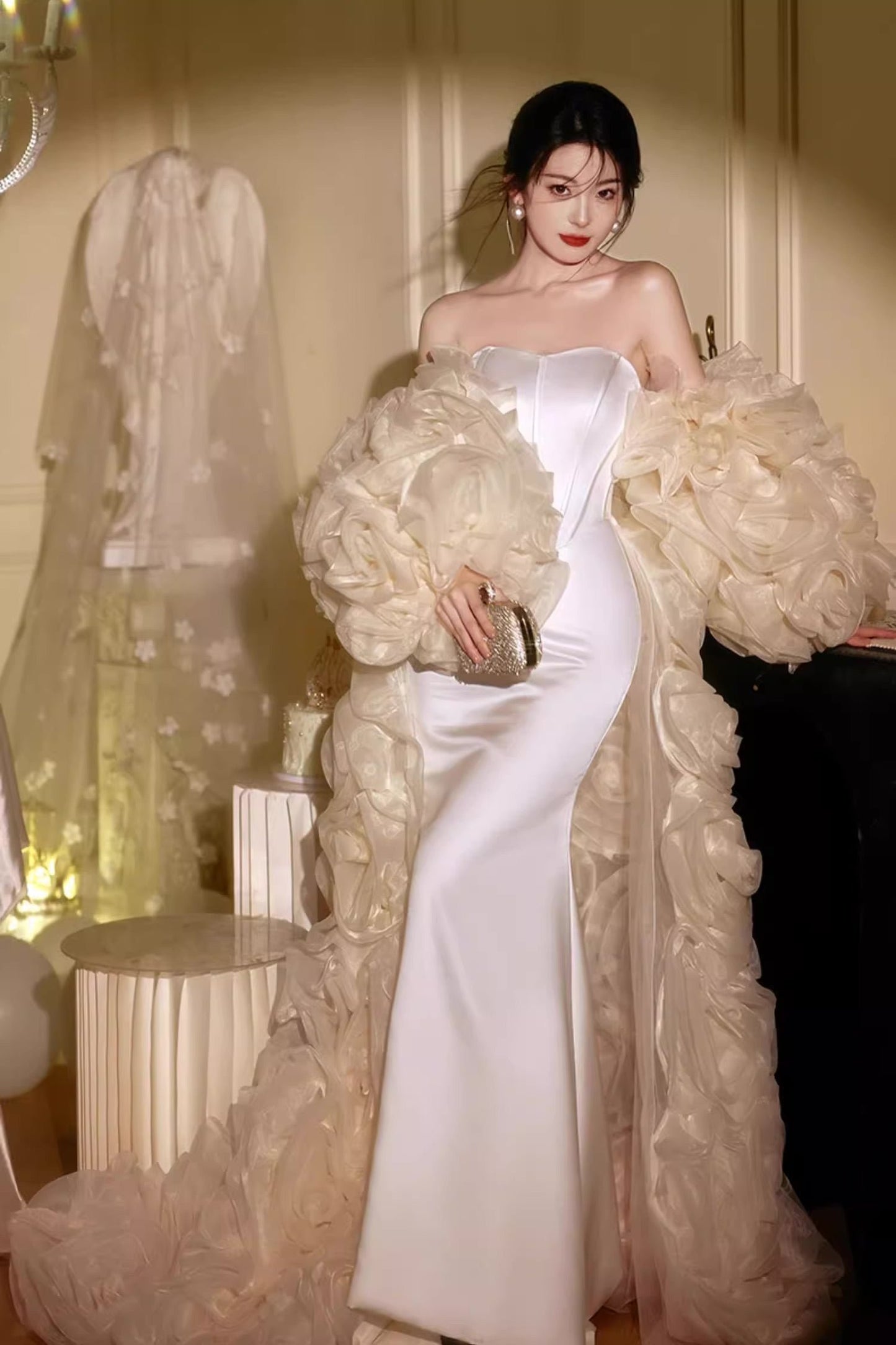 White Long Gown with Flower Cape