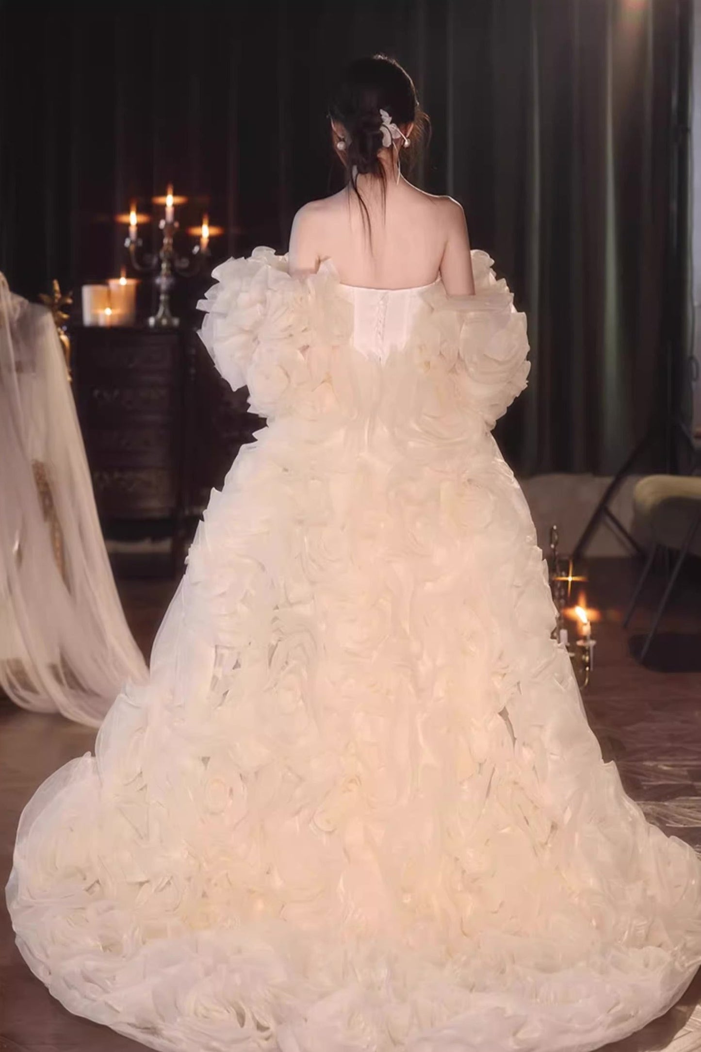 White Long Gown with Flower Cape