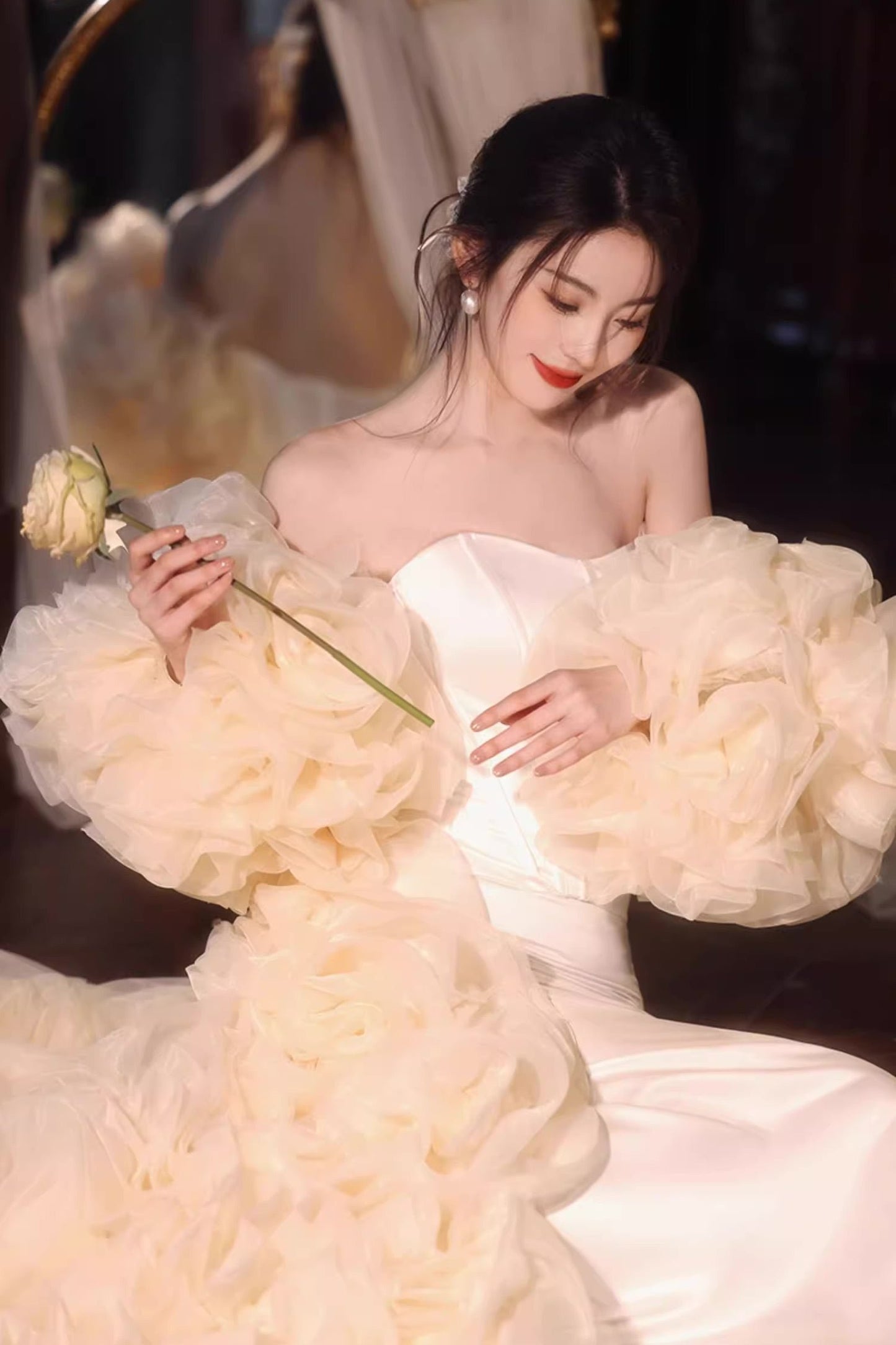 White Long Gown with Flower Cape