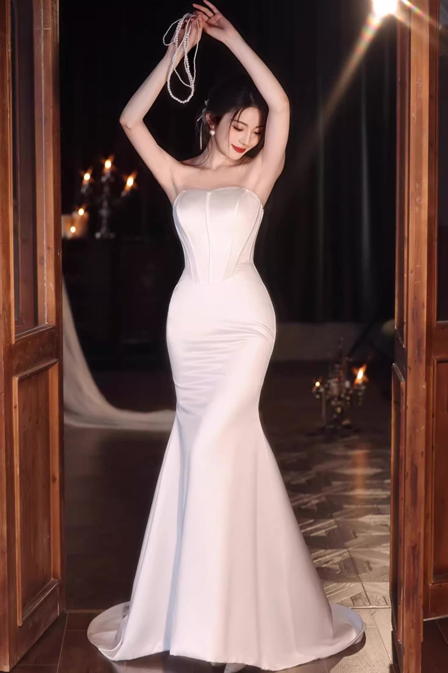 White Long Gown with Flower Cape